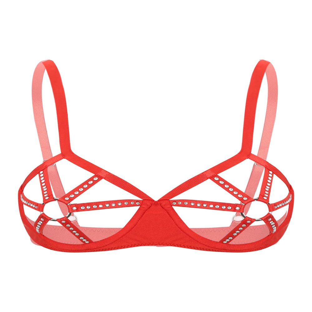 Fldy Womans See Through Strappy Cups Open Nipples Push Up Bra Underwired Hollow Out Crop Top Bustier Red Medium
