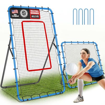 JOLORLY 2-in-1 Volleyball Rebounder Net System, Adjustable from 7x4 ft to 4x4.5 ft, 4-Angle Bounce Back Net, Training Equipment for Volleying, Bumping, Spiking Practice, Resists Twisting (Blue)