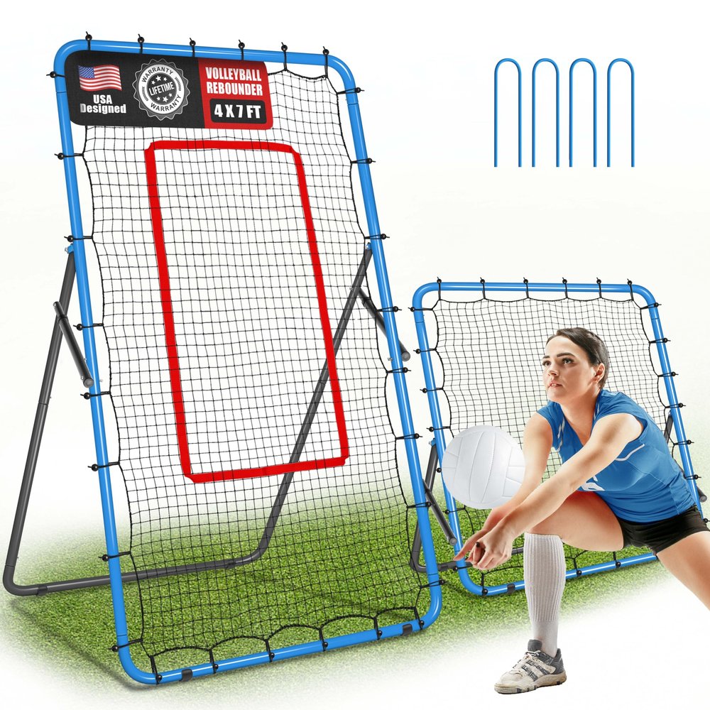 JOLORLY 2-in-1 Volleyball Rebounder Net System, Adjustable from 7x4 ft to 4x4.5 ft, 4-Angle Bounce Back Net, Training Equipment for Volleying, Bumping, Spiking Practice, Resists Twisting (Blue)