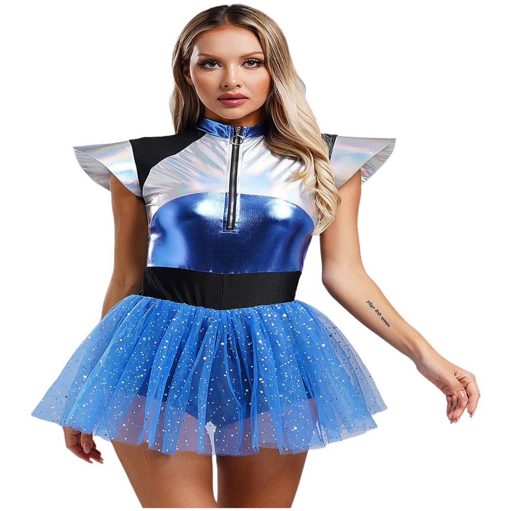 Jhaoyu Womens Adult Space Alien Costume Space Fighter Outfit Metallic Jumpsuits Halloween Dress Up Blue 3X-Large