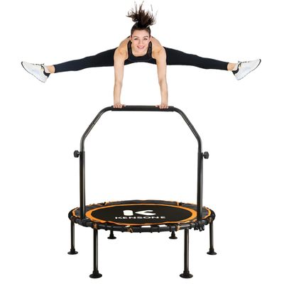 K KENSONE 40" Foldable Rebounder Trampoline for Adults with Bungee, 450 LBS Quiet Indoor Mini Trampoline for Adults Fitness with Adjustable U-Shaped Handle Bar for Gym Workout, Home Exercise, Orange