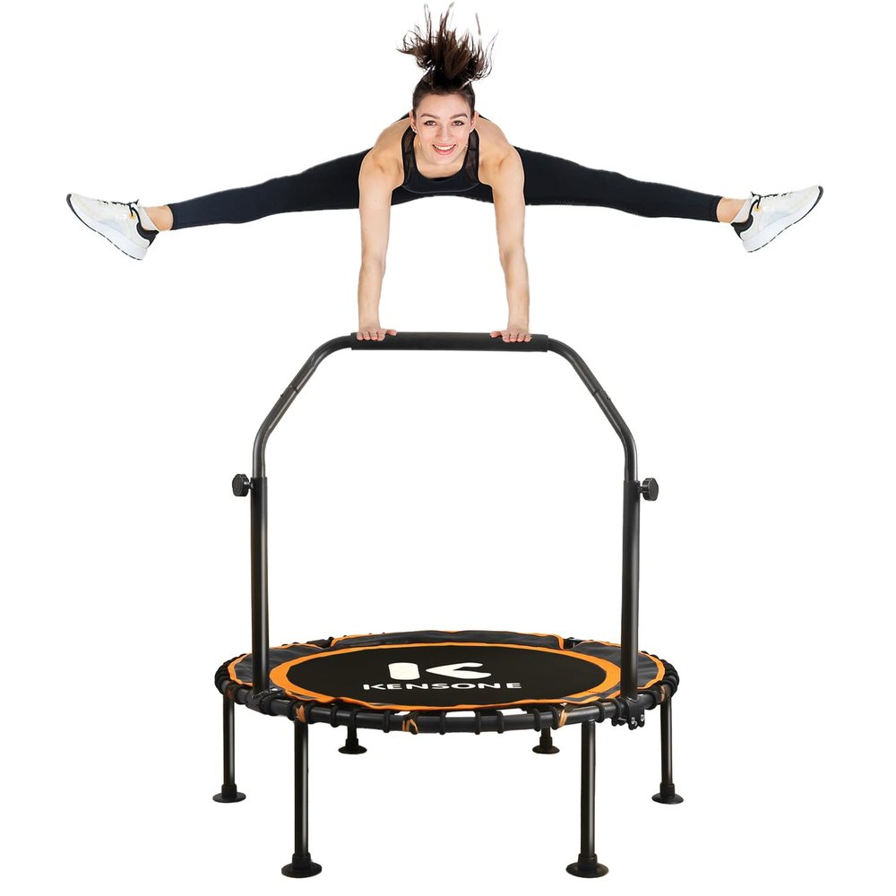 K KENSONE 40" Foldable Rebounder Trampoline for Adults with Bungee, 450 LBS Quiet Indoor Mini Trampoline for Adults Fitness with Adjustable U-Shaped Handle Bar for Gym Workout, Home Exercise, Orange