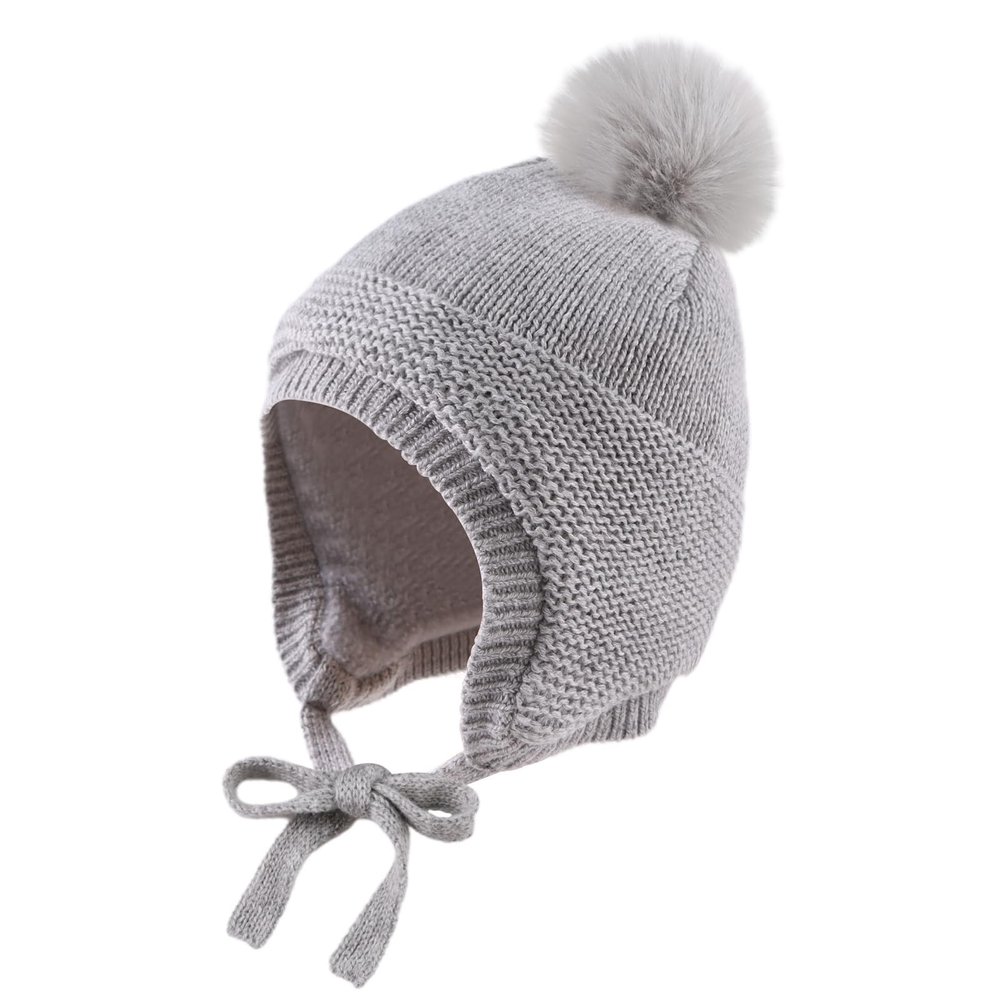 JANGANNSA Basic Winter Boys Girls Baby Beanie Pompom Knitted Infant Toddler Hats Kids Earflap Beanies Warm Baby Hat (6-24 Months, Gray Pompom Hat)