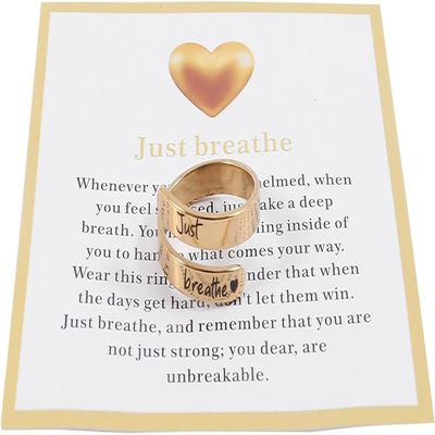 Q&D&S Dainty Just Breathe Ring for Women,Adjustable Inspirational Engraved Heart Stainless Steel Open Ring Personality Jewelry Gift (Gold-plated style)