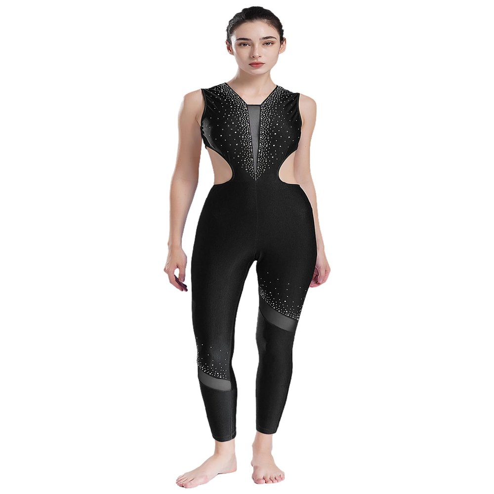 FEESHOW Women Shiny Rhinestone Gymnastics Leotard Bodysuit Full Length Figure Skating Jumpsuit Black Medium