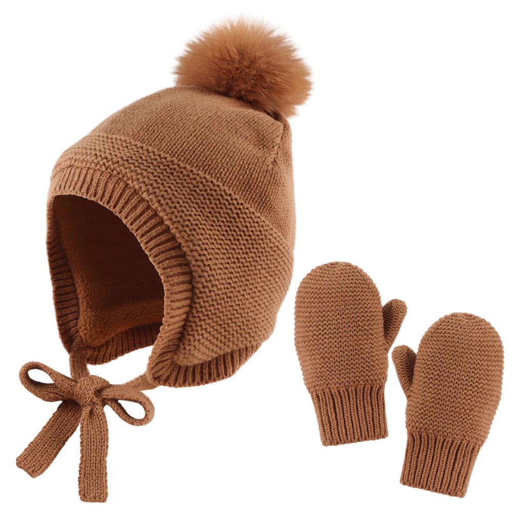 Basic Winter Baby Beanie Gloves Boys Girls Knitted Hat Pompom Kids Earflap Hats Warm Infant Toddler Beanie Mittens Set (6-24 Months, Walnut(Hat+Gloves))