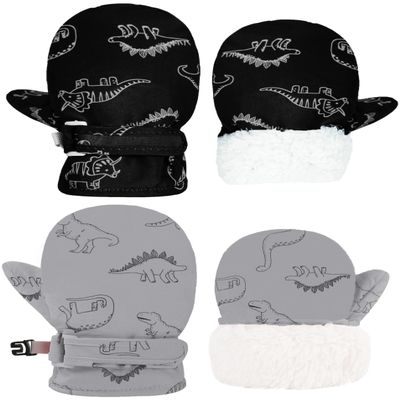 YMYDYFC Toddler Mittens Baby Waterproof Gloves Toddler Snow Gloves Kids Winter Mitten For Boy Girl Kids Ski Mitten Black Dinosaur & Gray Dinosaur M(2-4 Years)