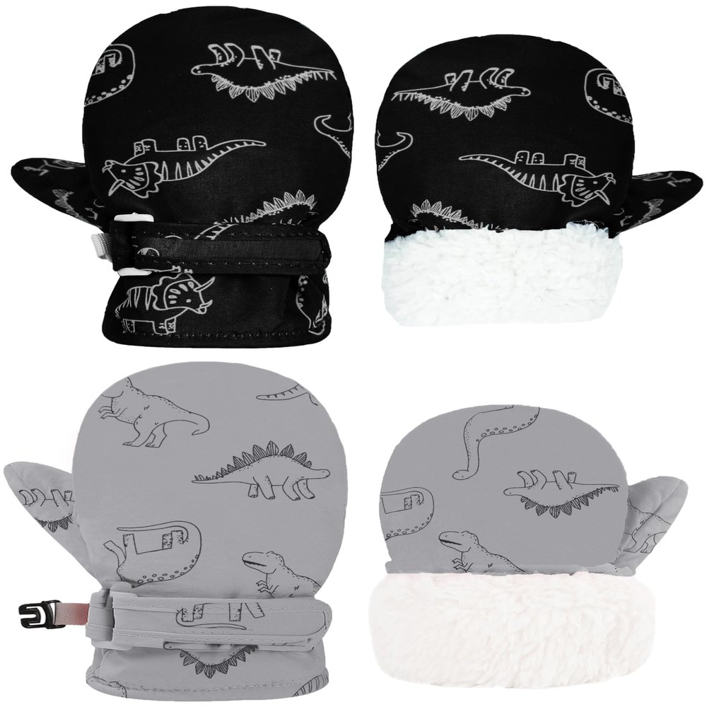 YMYDYFC Toddler Mittens Baby Waterproof Gloves Toddler Snow Gloves Kids Winter Mitten For Boy Girl Kids Ski Mitten Black Dinosaur & Gray Dinosaur M(2-4 Years)