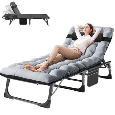 ABORON 3-in-1 Folding Patio Lounge Chair, 440LB Heavy-Duty Tri-Fold Guest Bed with Plush Cotton Cushion, No Assembly Adjustable Recliner for Office Nap, Patio Sunbathing, Poolside & Camping
