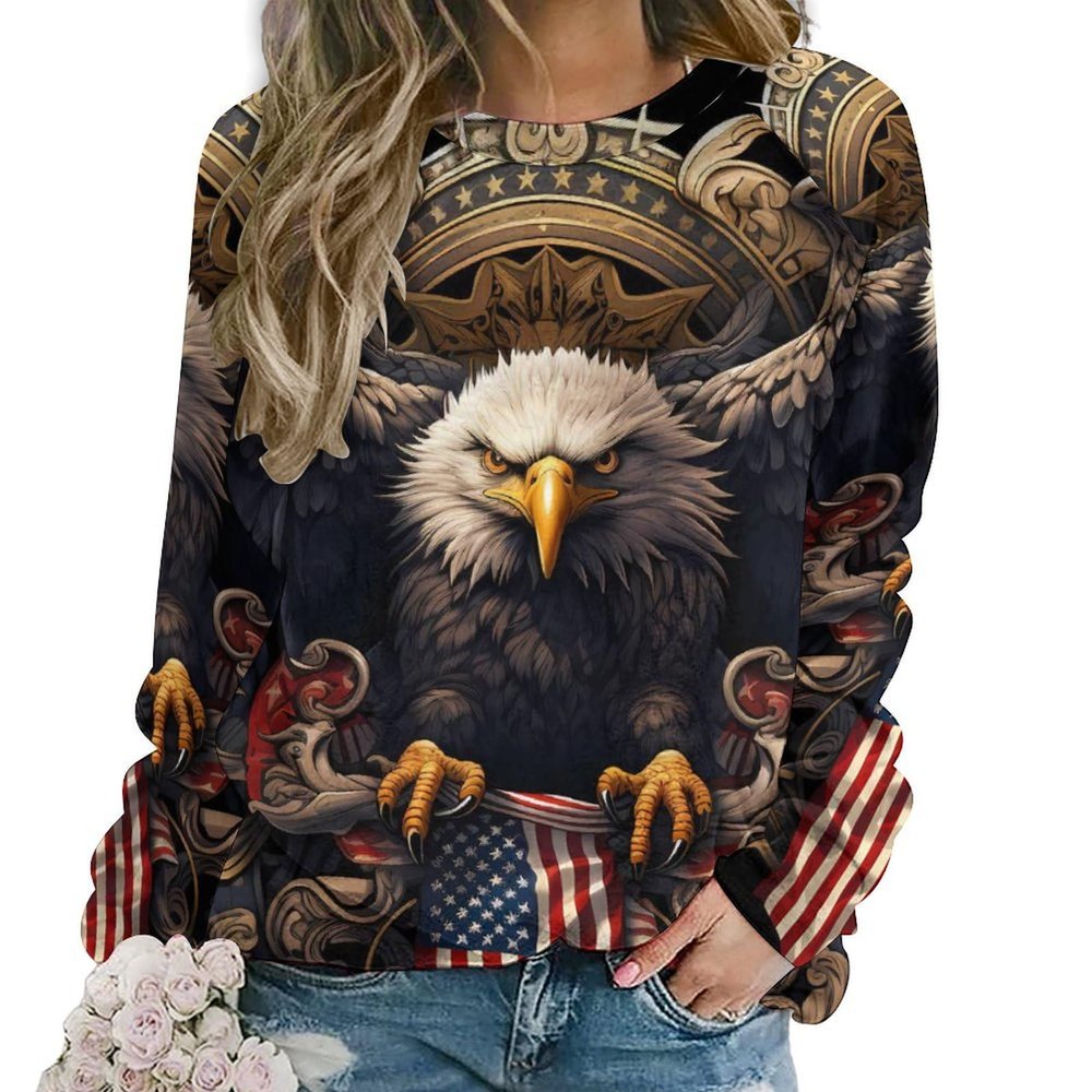 American Bald Eagle Flag Women's Round Neck Sweatshirt Printed Long Sleeve Pullover Tops L
