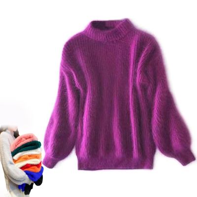 Angora Cashmere Blend Loose Warm Sweater Casual Thick Fleece Turtleneck Sweater Solid Color Crewneck Knit Pullover Sweater (Purple, One Size)