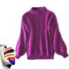 Angora Cashmere Blend Loose Warm Sweater Casual Thick Fleece Turtleneck Sweater Solid Color Crewneck Knit Pullover Sweater (Purple, One Size) view 1