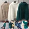 Angora Cashmere Blend Loose Warm Sweater Casual Thick Fleece Turtleneck Sweater Solid Color Crewneck Knit Pullover Sweater (Purple, One Size) view 4