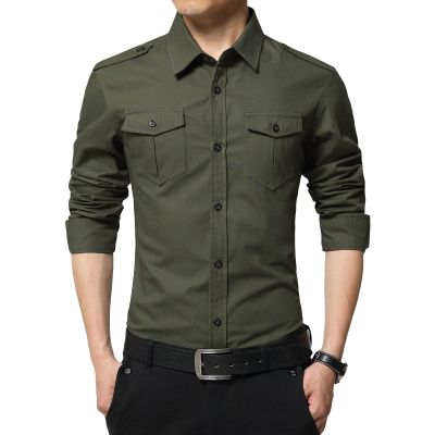 Men's Long Sleeve Classic Shirt Casual Cotton Button Up Shirts Spread Collar Beach Shirts with Pockets (Large,Army Green)