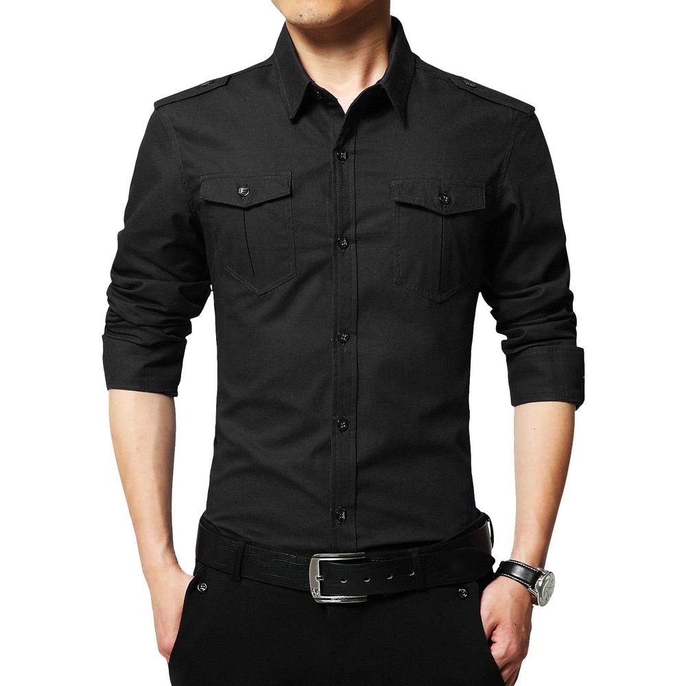 Men's Long Sleeve Classic Shirt Casual Cotton Button Up Shirts Spread Collar Beach Shirts with Pockets (6X-Large,Black)