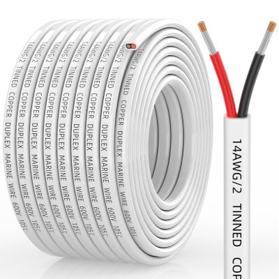 CONEPY 14 Gauge Marine Wire, 14/2 Duplex Marine Grade Cable, IP68 Waterproof/Oxygen-Free Tinned Copper Stranded PVC 14 AWG Wire for Boat, Automotive, RV, Solar, LED Strips (50FT)