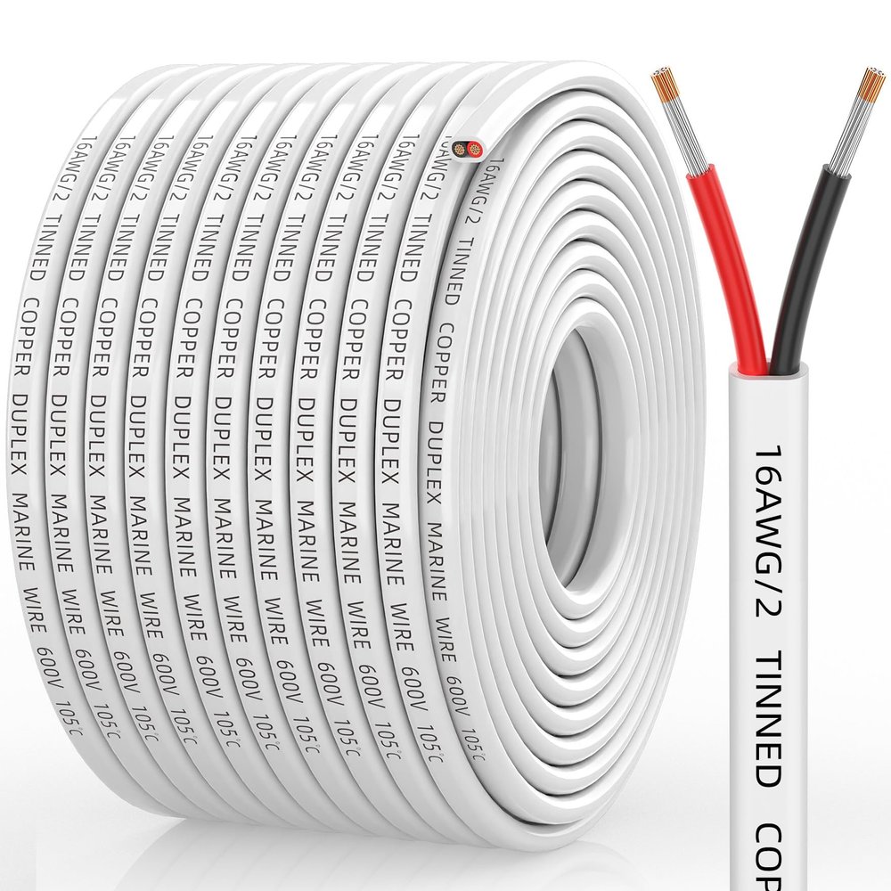 CONEPY 16 Gauge Marine Wire, 16/2 Duplex Marine Grade Cable, IP68 Waterproof/Oxygen-Free Tinned Copper Stranded PVC 16 AWG Wire for Boat, Automotive, RV, Solar, LED Strips (100FT)