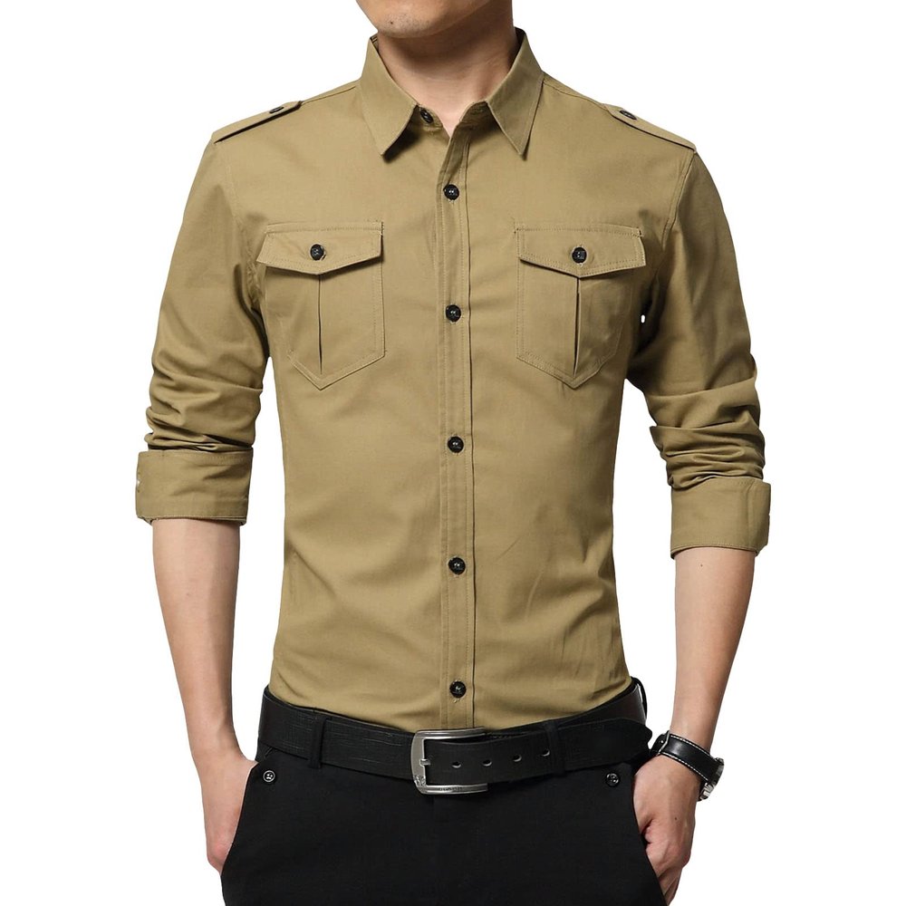 Men's Long Sleeve Classic Shirt Casual Cotton Button Up Shirts Spread Collar Beach Shirts with Pockets (6X-Large,Khaki)