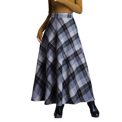 Womens Winter Plaid Long Skirt Elegant High Waist A-line Autumn Maxi Skirt with Pocket Grey M