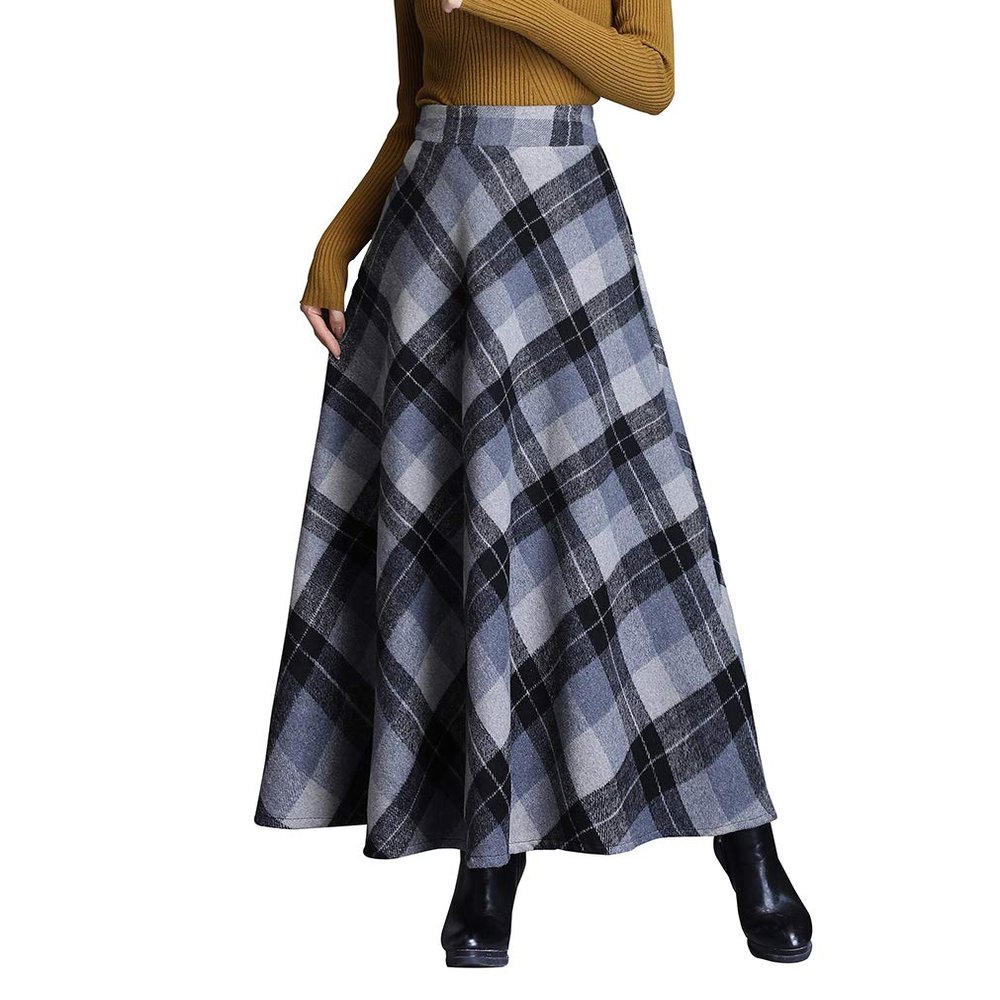 Womens Winter Plaid Long Skirt Elegant High Waist A-line Autumn Maxi Skirt with Pocket Grey M
