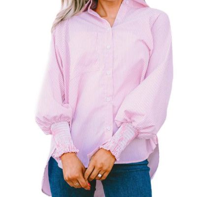 fretory Mid-Length Shirt with Striped Lapel and Oversized Drawdown Sleeves (Pink,XXL)