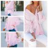 fretory Mid-Length Shirt with Striped Lapel and Oversized Drawdown Sleeves (Pink,XXL) view 2