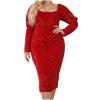 Plus Size Glitter Dress for Women Square Neck Long Sleeve Party Cocktail Dresses Elegant Sequin Slim Fit Midi Dress Red view 1