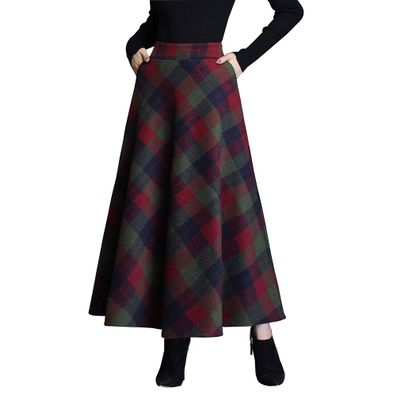 Womens Winter Plaid Long Skirt Elegant High Waist A-line Autumn Maxi Skirt with Pocket Green L