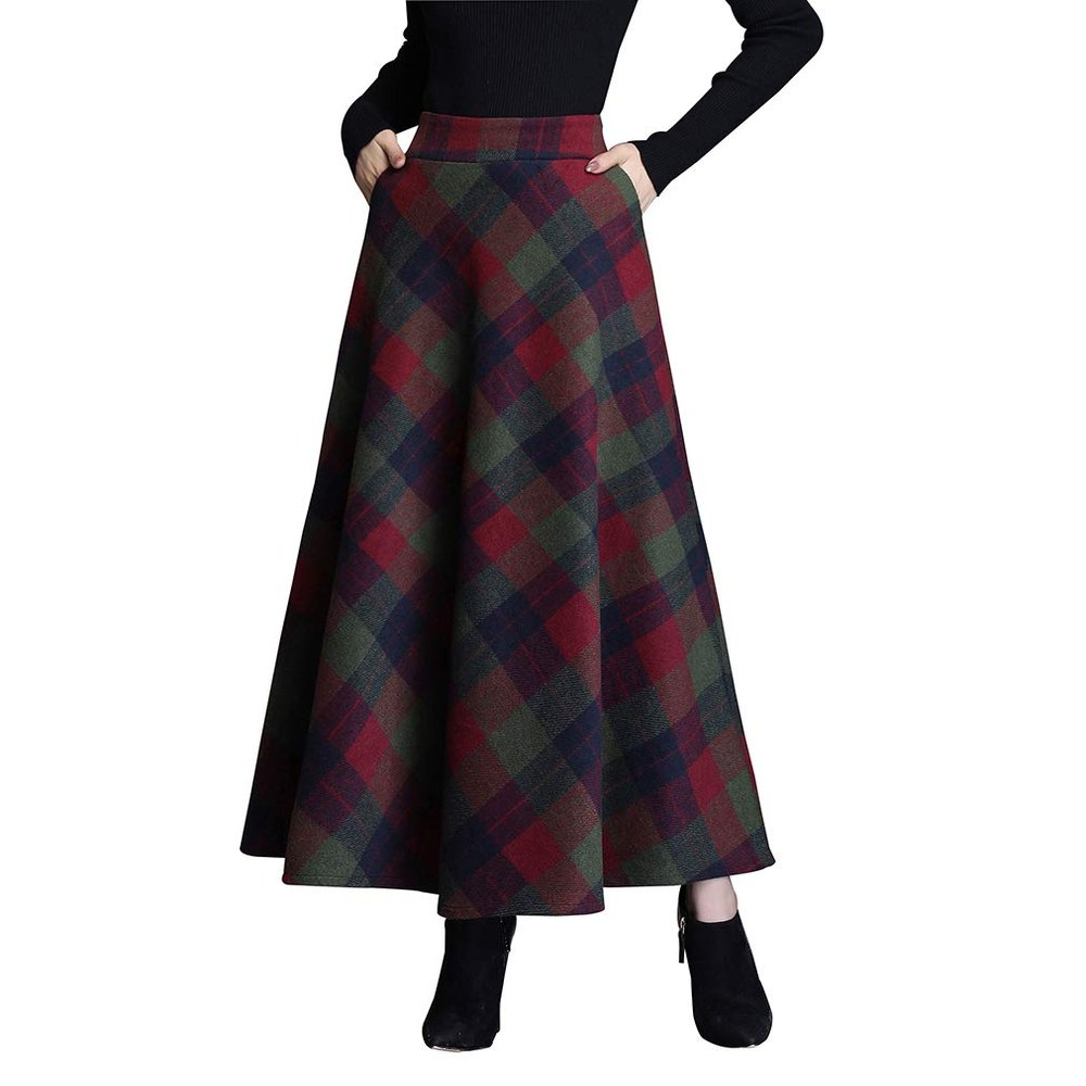 Womens Winter Plaid Long Skirt Elegant High Waist A-line Autumn Maxi Skirt with Pocket Green L