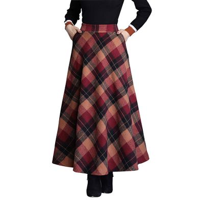 Womens Winter Plaid Long Skirt Elegant High Waist A-line Autumn Maxi Skirt with Pocket Red M