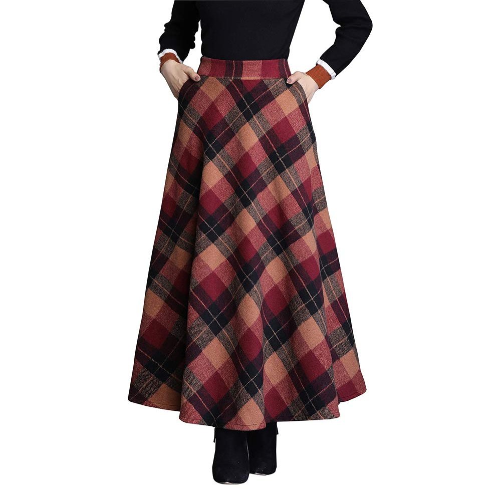 Womens Winter Plaid Long Skirt Elegant High Waist A-line Autumn Maxi Skirt with Pocket Red M