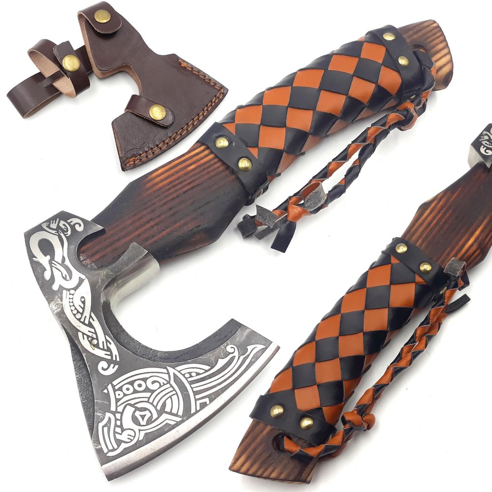 CHEEKU MEEKU Custom Handmade Carbon Steel Real Viking Axe Hatchet,Camping Axe, Birthday Gift for him, Leather Wrapped Handle and Leather Sheath (FM 26)