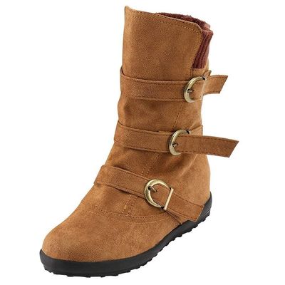 Womens Low Heel Suede Slip On Casual Ankle Boots Outdoor Side Zipper Buckle Winter Mid Calf Fashion Winter Snow Booties