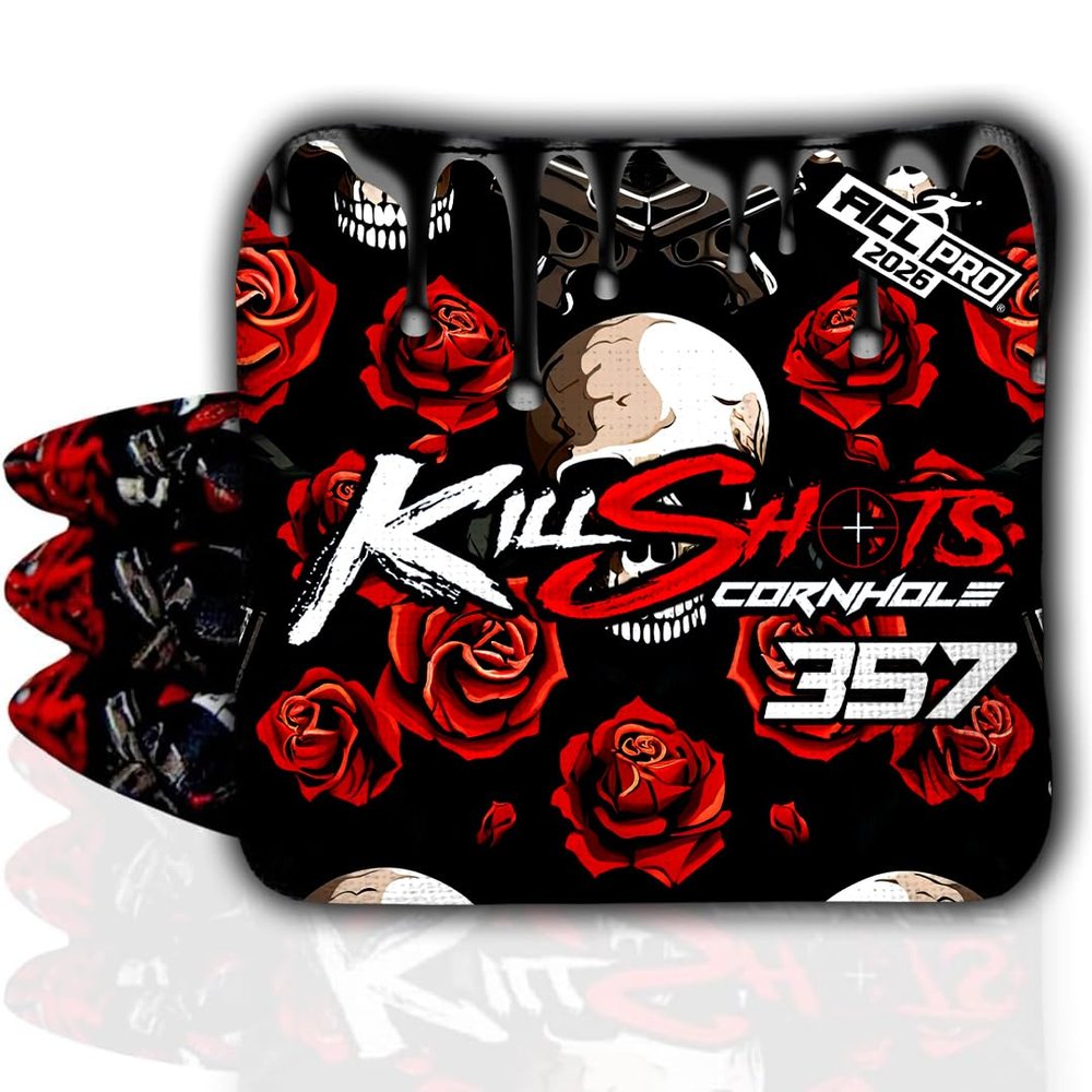 Killshots Cornhole | 357 Series | Limited Edition | ACL Pro Certified Cornhole Bags | Premium Quality | Dual-Speed | Durable & Weather Resistant | Set of 4 Bags (Skulls n Roses)