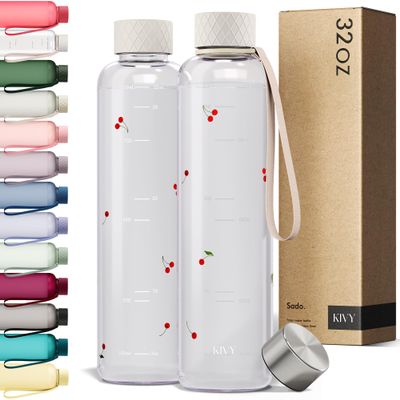 KIVY Clear water bottle 32oz [Lightweight & Shatterproof] Fits Backpack & Cupholder for Travel, Sports, School, Gym - Cute water bottle aesthetic - Cherry Edition