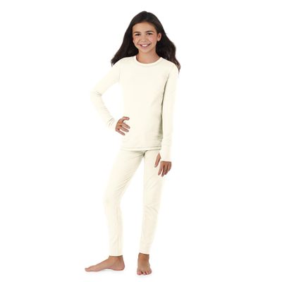 Cuddl Duds Girls Cold Weather Fleece-Lined Thermal Underwear 2-Piece Set - Kids Long Sleeve Top and Leggings Long Johns - Off White - X-Small