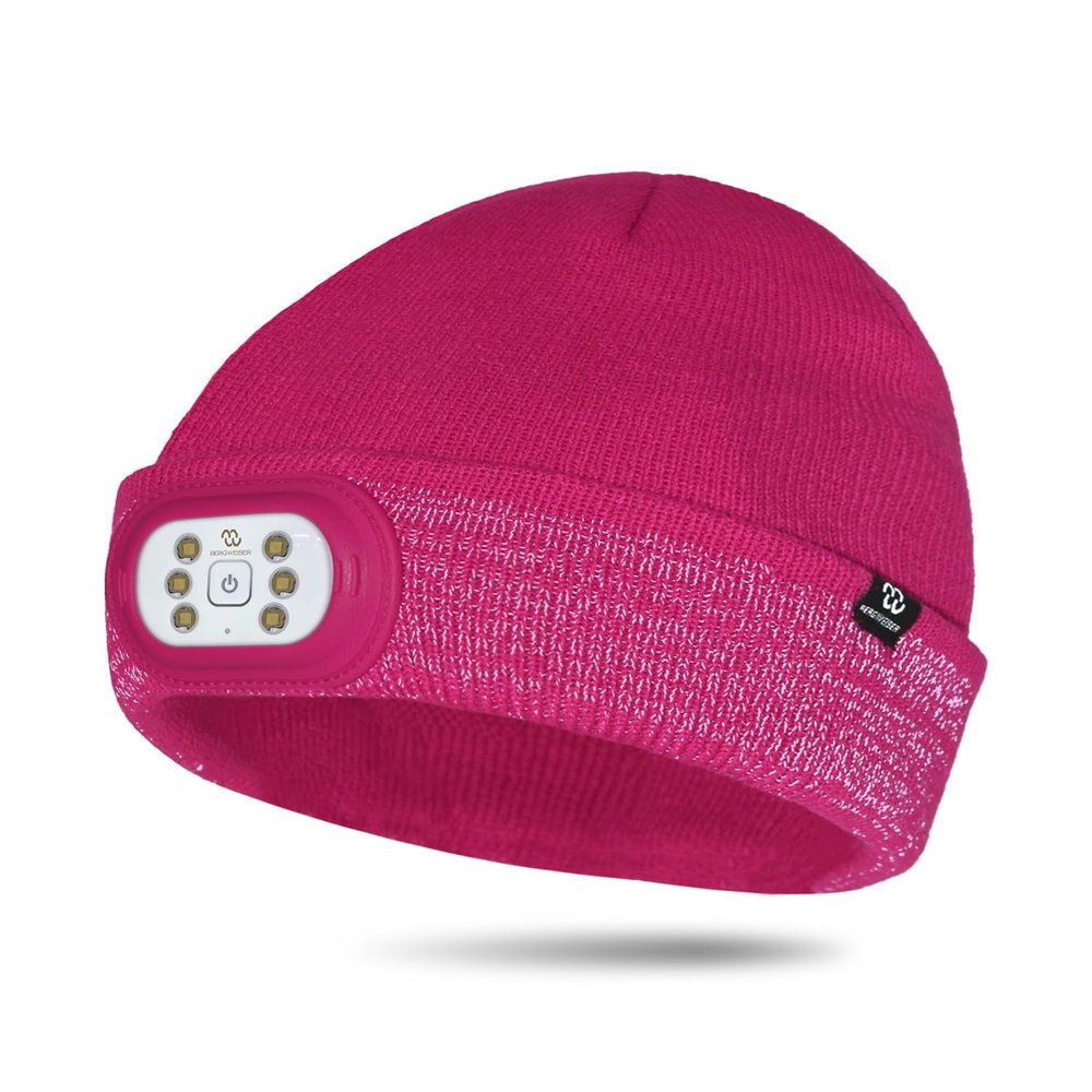 BERGWEISER LED Beanie with Light, 3 Adjustable Modes Headlamp Beanie Hat, Removable Rechargeable USB with Night Strobing for Outdoor, Fushia Reflex Hat for Kids