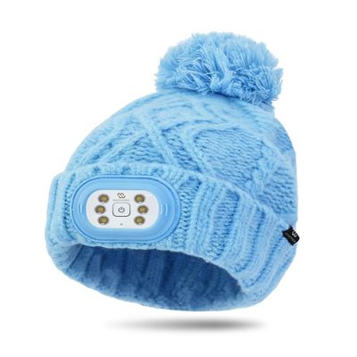 BERGWEISER LED Beanie with Light, 3 Adjustable Modes Headlamp Beanie Hat, Removable Rechargeable USB with Night Strobing for Outdoor Running, Camping, Hiking, Fishing, for Kids Lt.Blue Cable