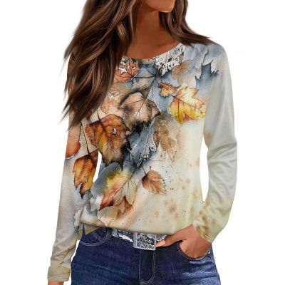 Trendy Tops for Women 2024 Plus Size Fall Nice Shirt Long Sleeve Homewear Patchwork Scoop Neck Shirts Female Orange L