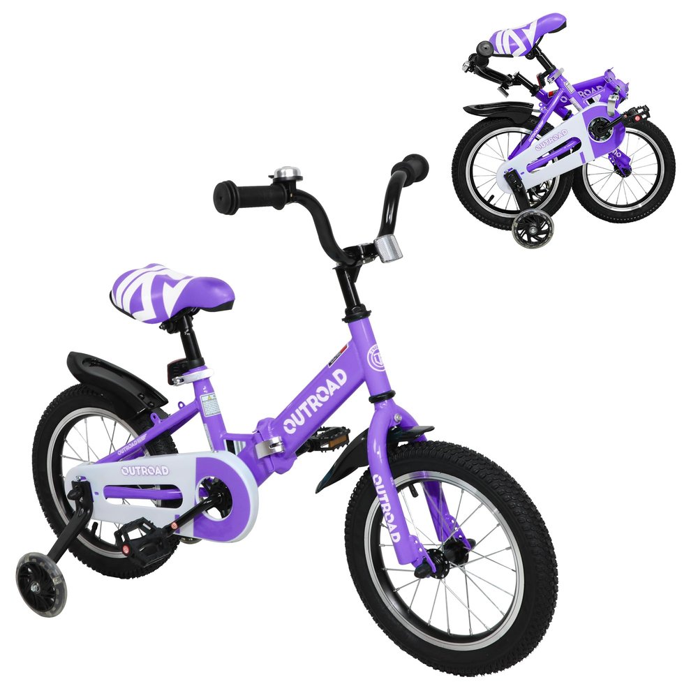 SUNCROWN Kids Bike, 14 16 18 Inch Children Bicycle, Foldable Toddler Bike for Boys & Girls Age 3-10 Years with Flash Lighting Training Wheel and Coaster Brakes, Beginners Learning Bicycle, 14" Purple