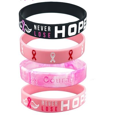 QRH Breast Cancer Awareness Silicone Bracelets Pink Ribbon Rubber Bracelet Wristbands Hope Faith Strength Courage Cancer Survive Comfort Recovery Encouragement Gifts Party Supplies- 4PCS