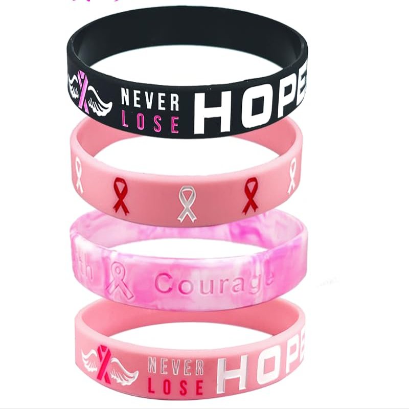 QRH Breast Cancer Awareness Silicone Bracelets Pink Ribbon Rubber Bracelet Wristbands Hope Faith Strength Courage Cancer Survive Comfort Recovery Encouragement Gifts Party Supplies- 4PCS