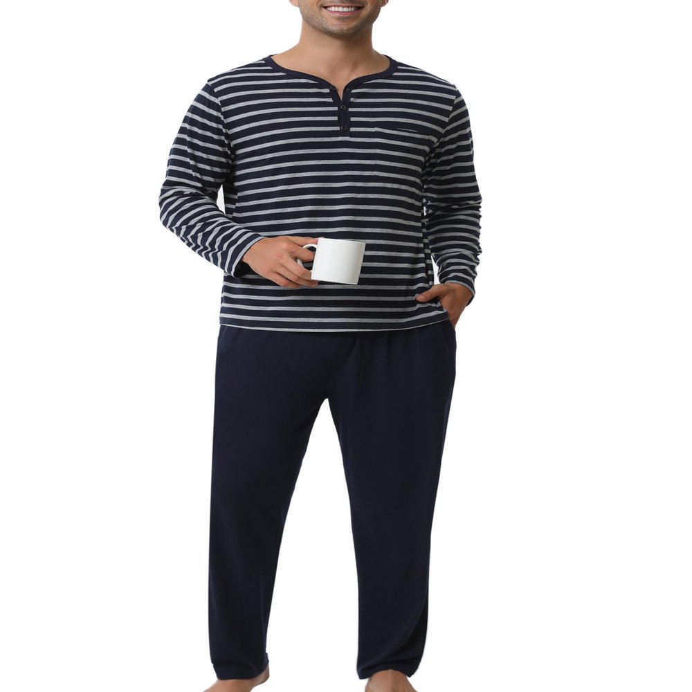 Yukiuiny Mens Pyjama Loungewear Sets Comfy Lounge Nightwear Long Sleeve Cotton Pocket Tops Plaid Pants