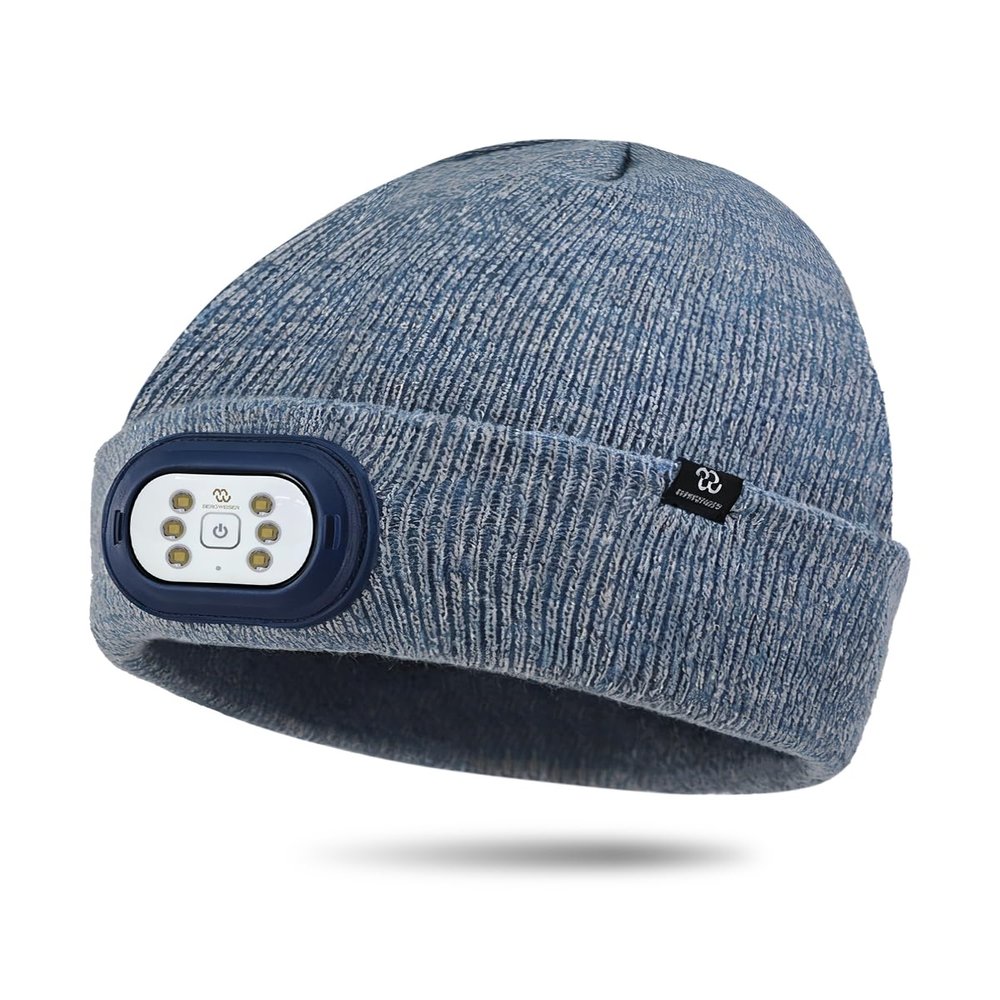 BERGWEISER LED Beanie with Light, 3 Adjustable Modes Headlamp Beanie Hat, Removable Rechargeable USB with Night Strobing for Outdoor, Blue Heather Hat for Men Women
