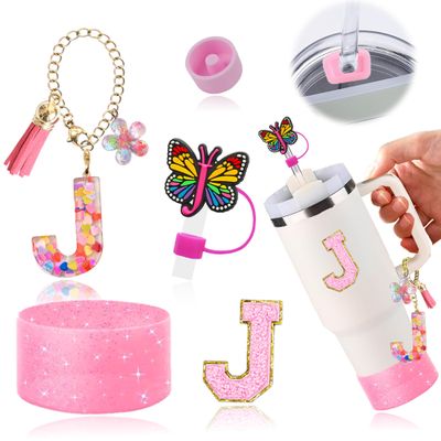AiScrofa Stanley Cup Accessories Set of 6 PCS, Pink Glitter Letter Theme with Keychain, Butterfly Straw Topper, Silicone Boot, Patch & Cup Decor Kit,Water Bottle Carrier Set (Tumbler Not Included)