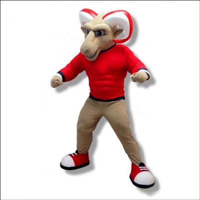 Power Ram Mascot Costume in Red Shirt Adult Size for Men & Women with Built-in Fan Inside the Head