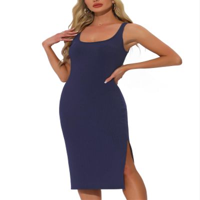 Allegra K Ribbed Tank Dress for Womens 2025 Fall Scoop Neck Sleeveless Split Knit Midi Dresses Large Dark Blue