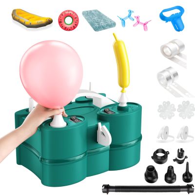 FunHot Electric Balloon Pump, Portable Dual Nozzle Air Pump for Balloons, Green White 3-in-1 Balloons Blower Machine with Tying Tools for Latex 260q Foil Balloon Inflator for Party Decoration