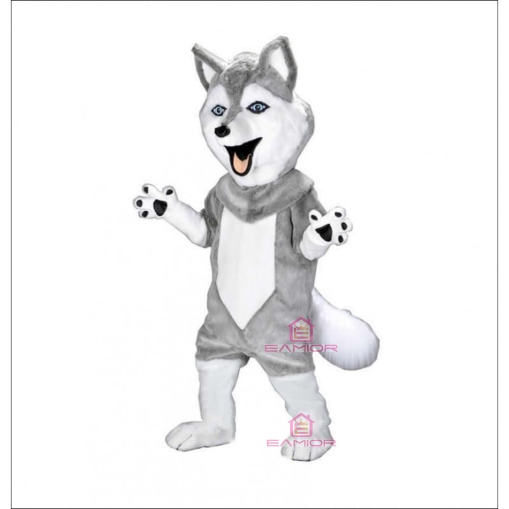 Grey Husky Mascot Costume with White Face and Belly Adult Size for Men & Women with Built-in Fan Inside the Head