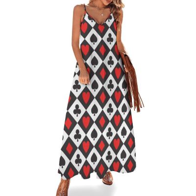 TVCATYE Playing Cards Pattern Suspender Dresses Womens Sexy Ankle Length Frock Chemise Sleeveless Casual Flowy Home Long Skirt Black